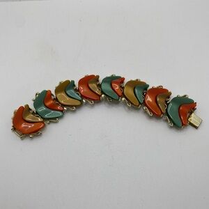 Vintage MCM Unmarked Lisner Gold Tone Thermoset Bracelet Orange Green Gold Fall